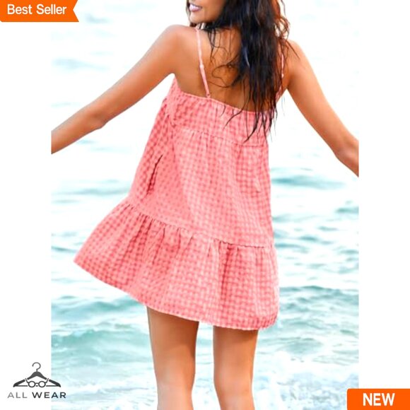 Summer Plaid Mini Dress Spaghetti Strap Sleeveless A-Line Beach Sundress with - Picture 4 of 7